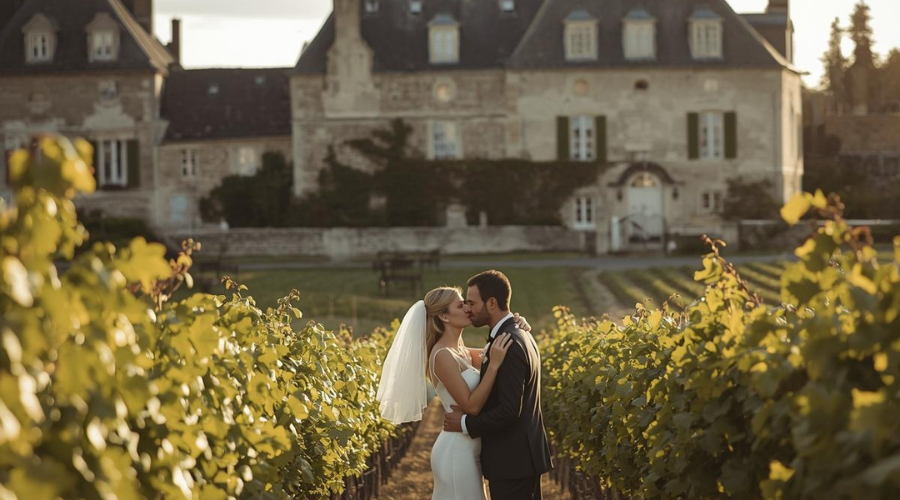 traiteur libourne Couple de mariés marchant dans les vignes devant un château du Libournais
